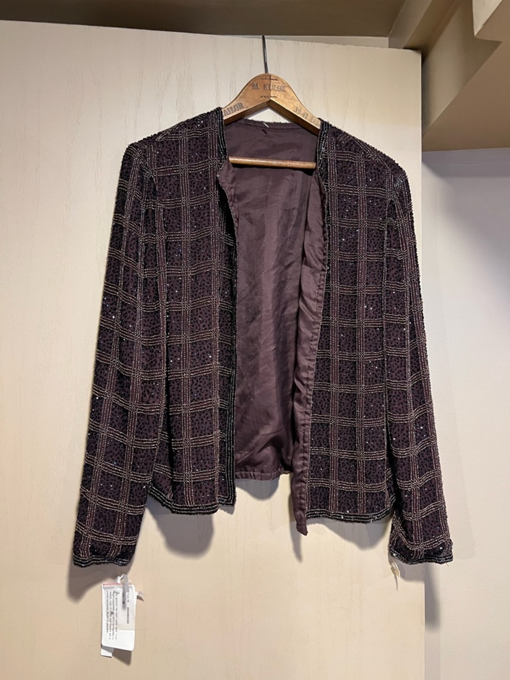 Vintage Dark Brown Open-Front Beaded Jacket
